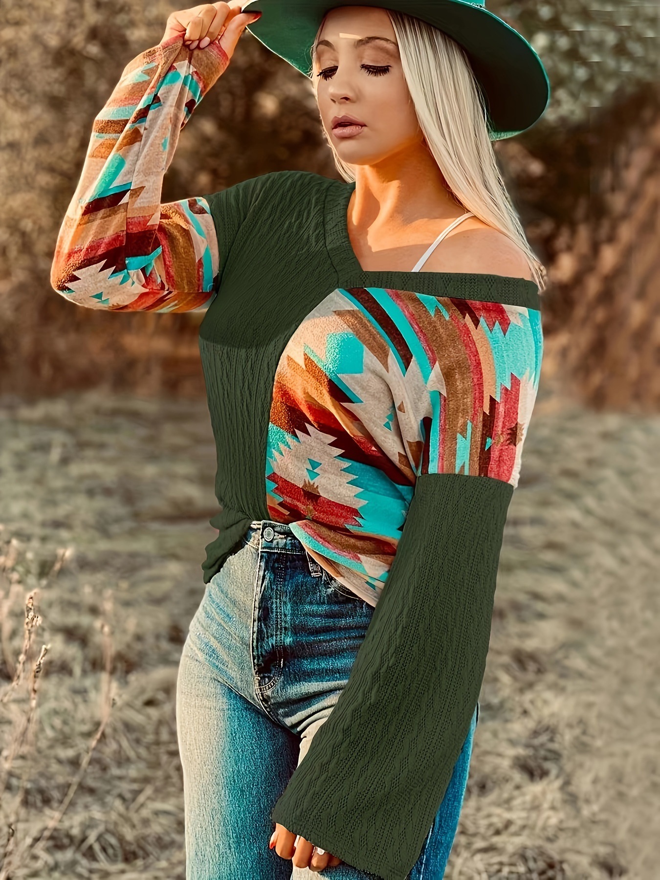 Women's Knit Sweatshirt Colorblock Print Long-Sleeve Pullover