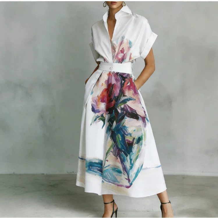 3D Floral Bird Print Beach Vacation Shirt Dress Cover-Up