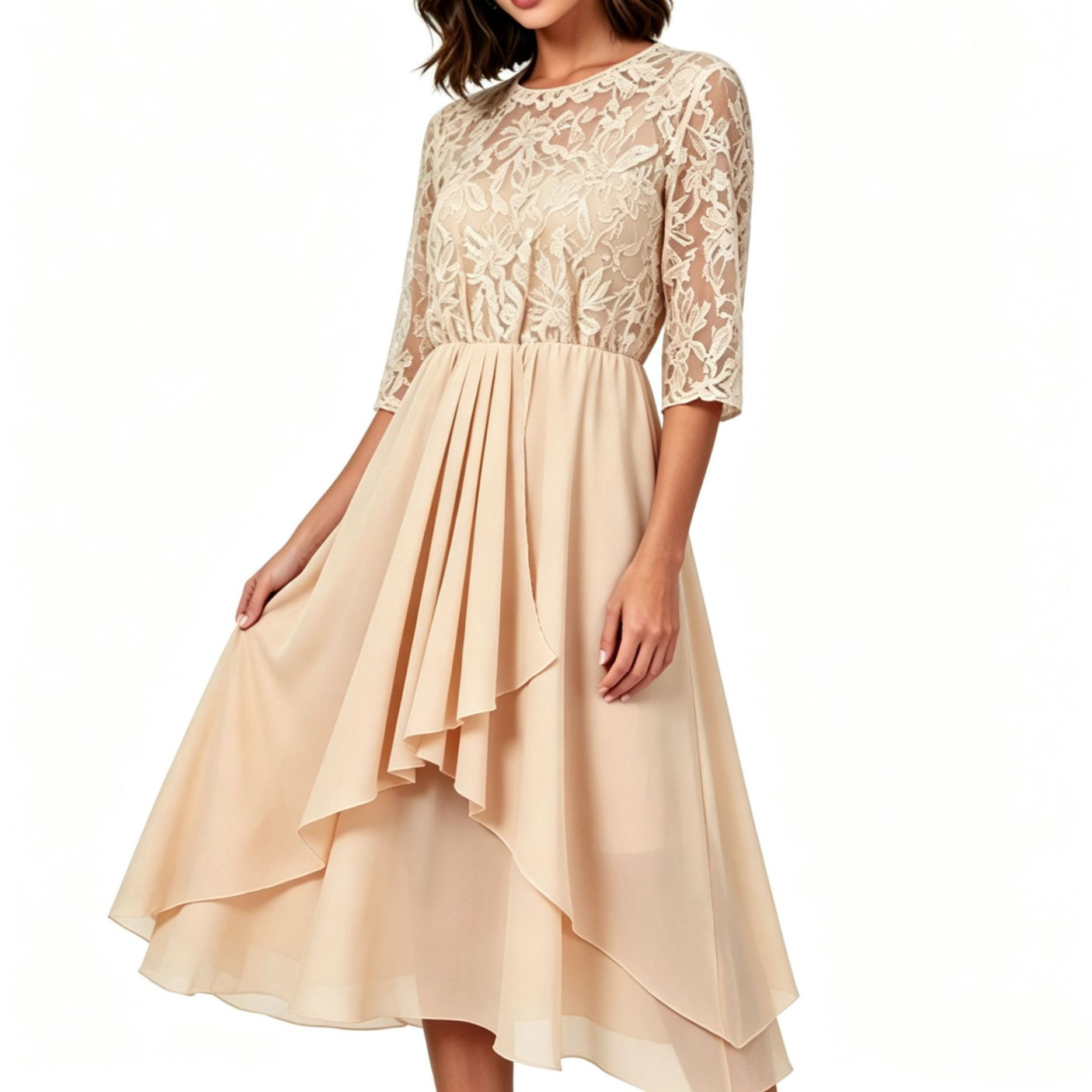 Women's Summer Lace Chiffon Round Neck Asymmetrical Hem Dress