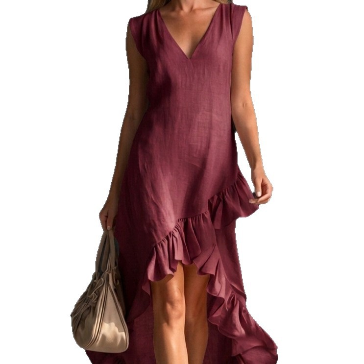 Women's Sleeveless V-Neck Ruffle Hem Midi Dress