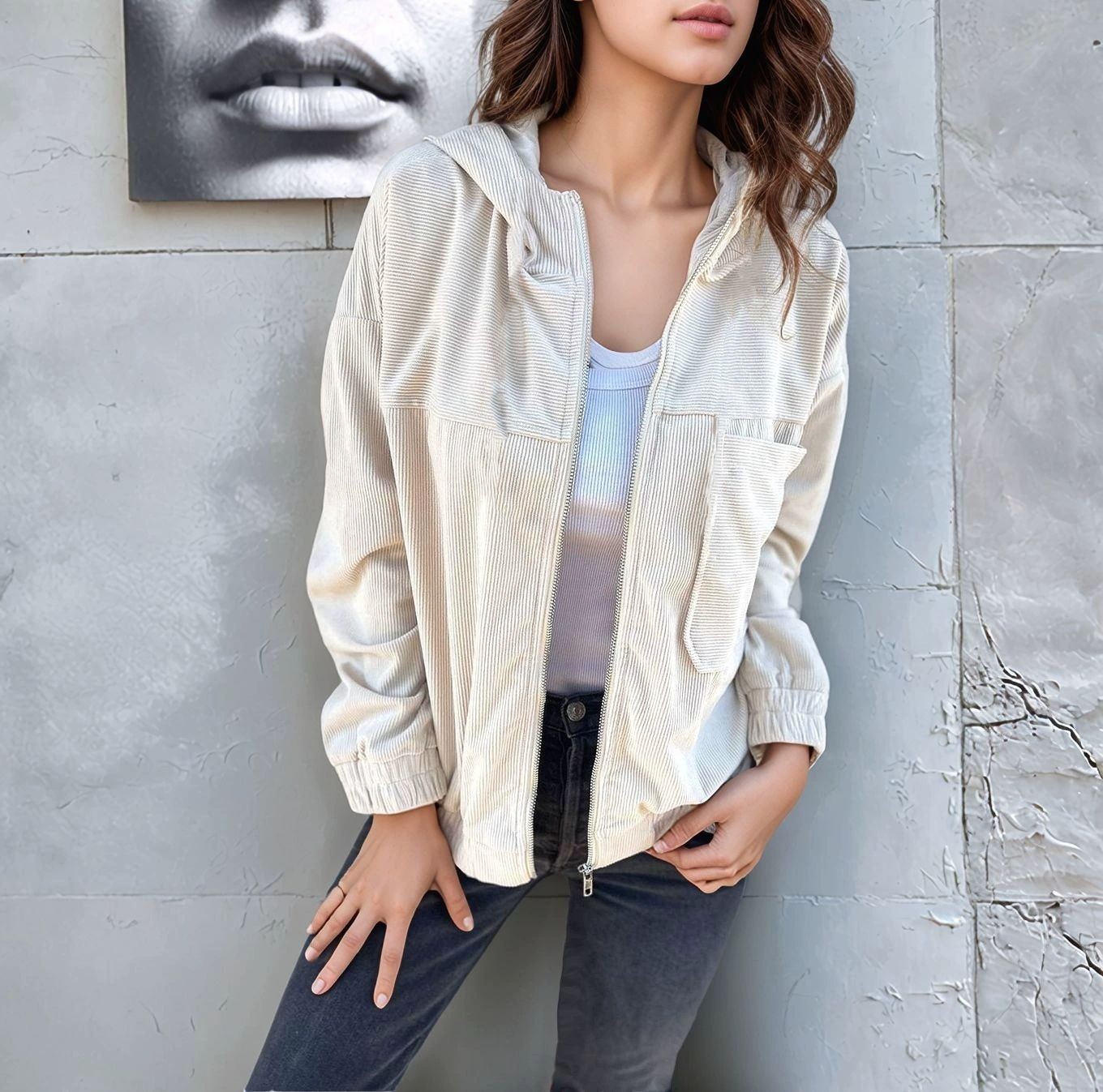 Women's Corduroy Hooded Jacket Solid Color Casual Loose Fit