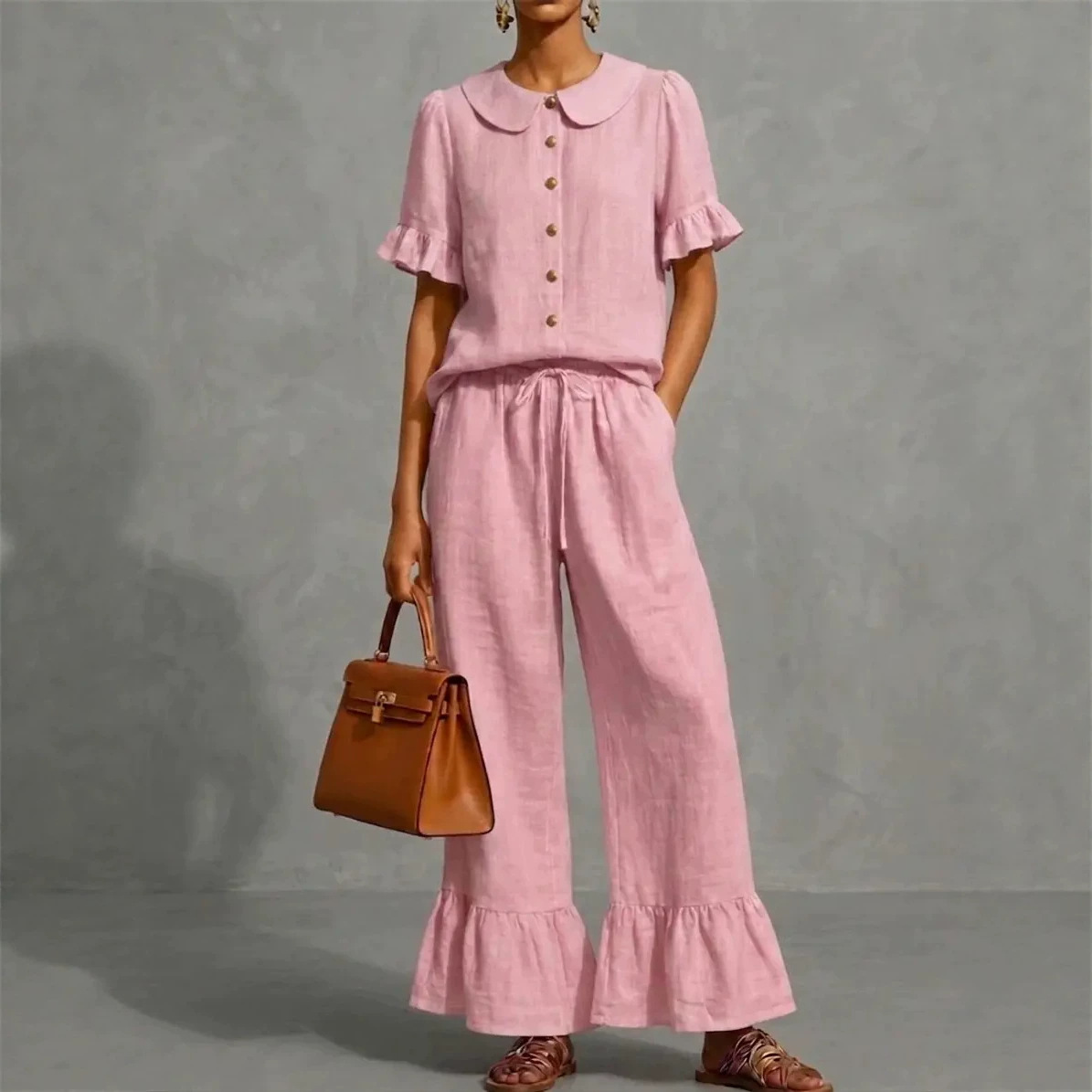 Ruffled Shirt & Wide-Leg Pants Linen Two-Piece Set