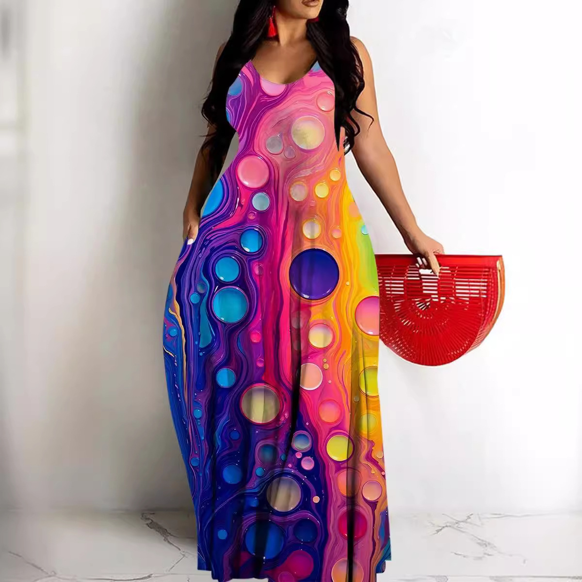 Women's Printed Deep V-Neck Sleeveless Maxi Dress