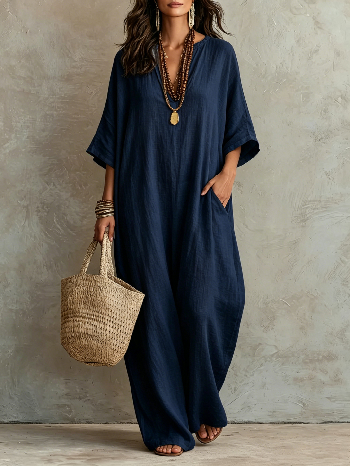 Cotton Linen Loose V-Neck Boho Maxi Dress 3/4 Sleeve