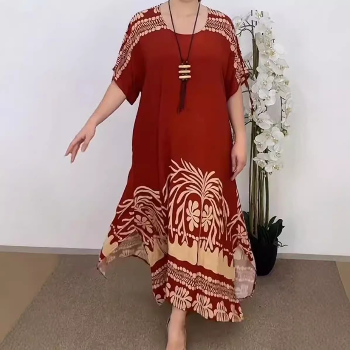 Elegant Floral Print Round Neck Half Sleeve Maxi Dress