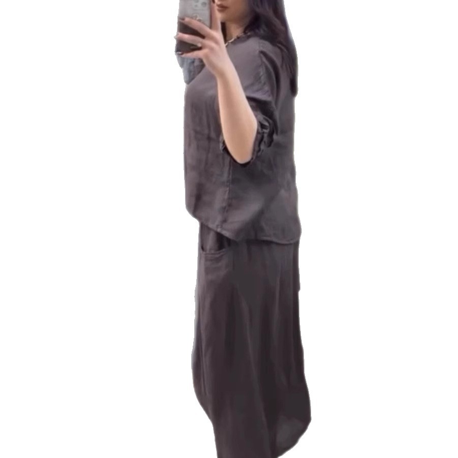 Women's Cotton-Linen Two-Piece Set Casual Solid Color Loose Long Pants
