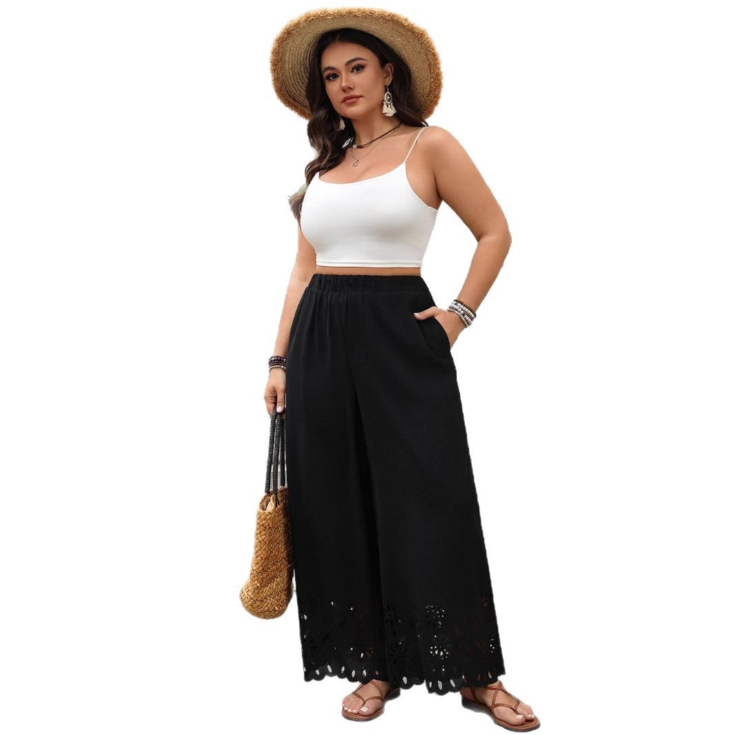 Women's Loose Wide-Leg Pants Plus Size Hollow Hem Black