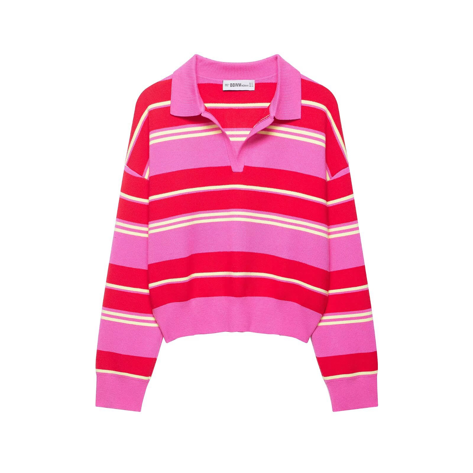 Women's Color-Block Striped Polo Neck Long Sleeve Knit Sweater