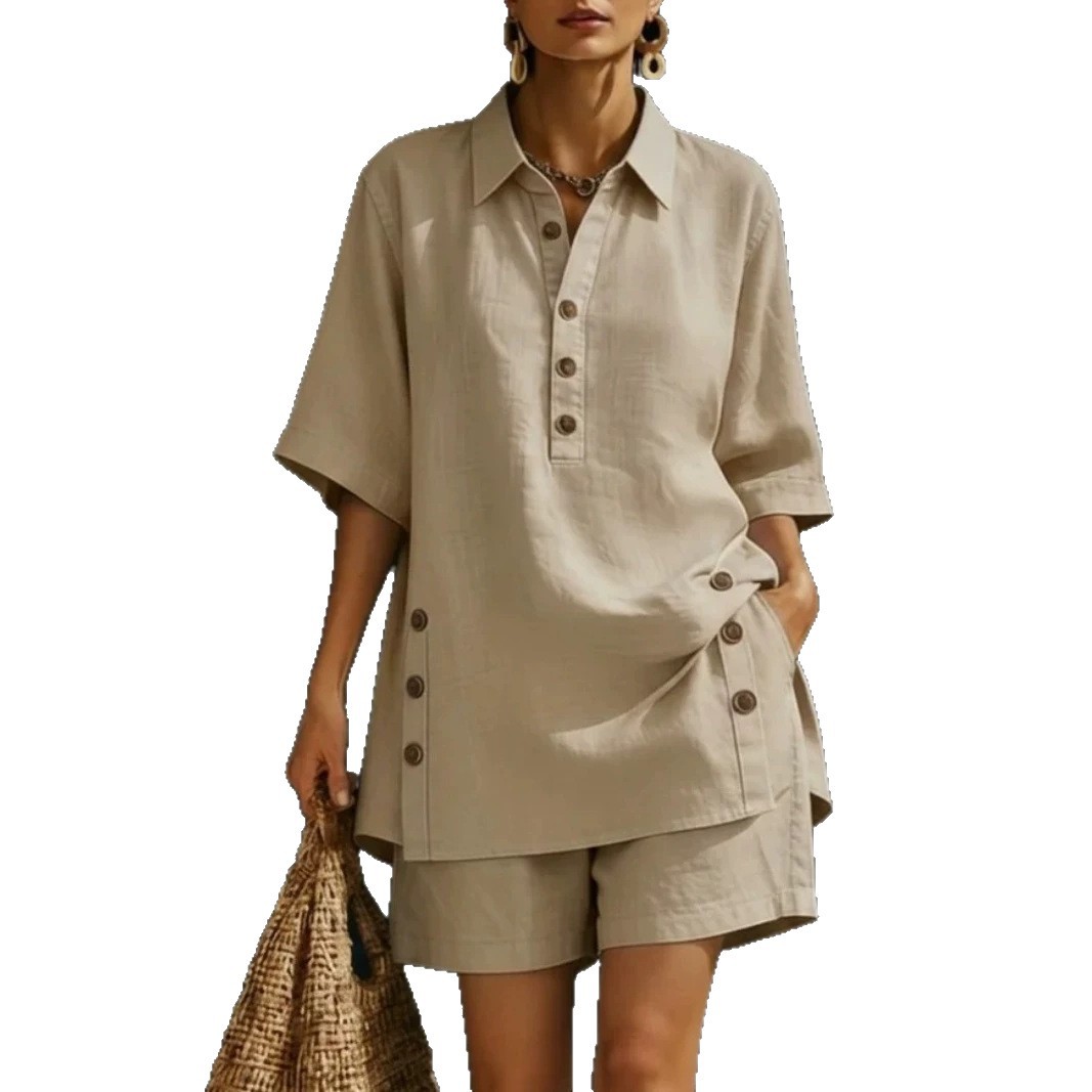 Women's Casual Short Sleeve Button-Down Shirt Two-Piece Set