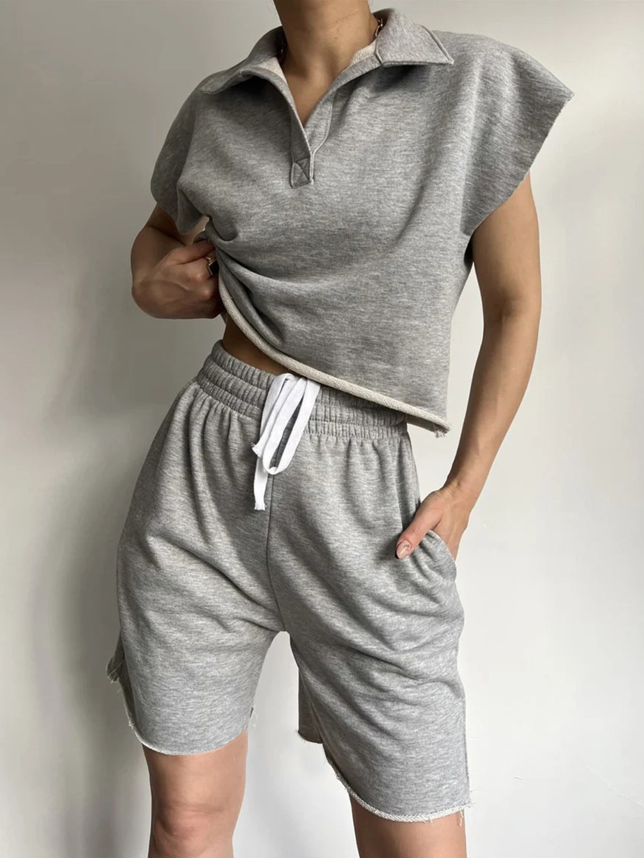 Women's Collared Long-Sleeve Loose Top and Tie Shorts Two-Piece Set