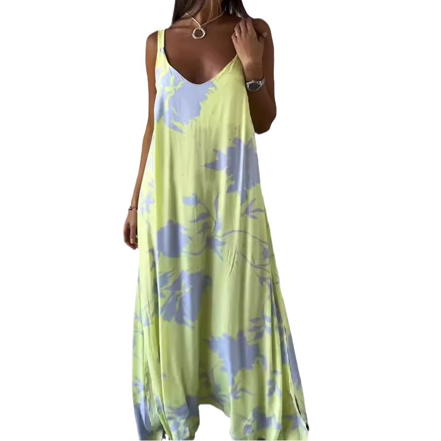 Floral Print V-Neck Open-Back Sleeveless A-Line Maxi Dress