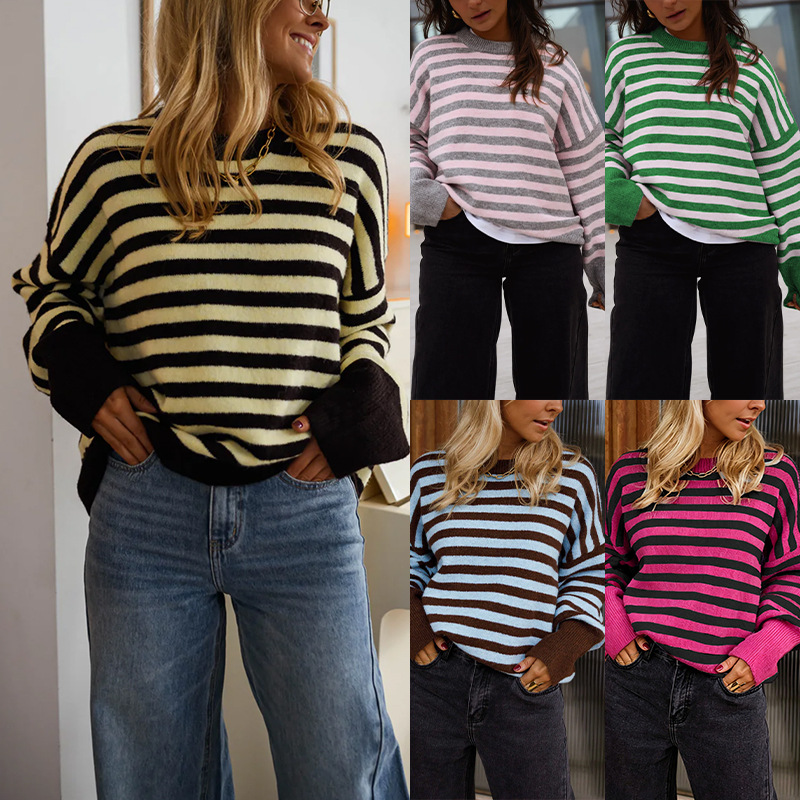 Striped Crewneck Knit Pullover Sweater
