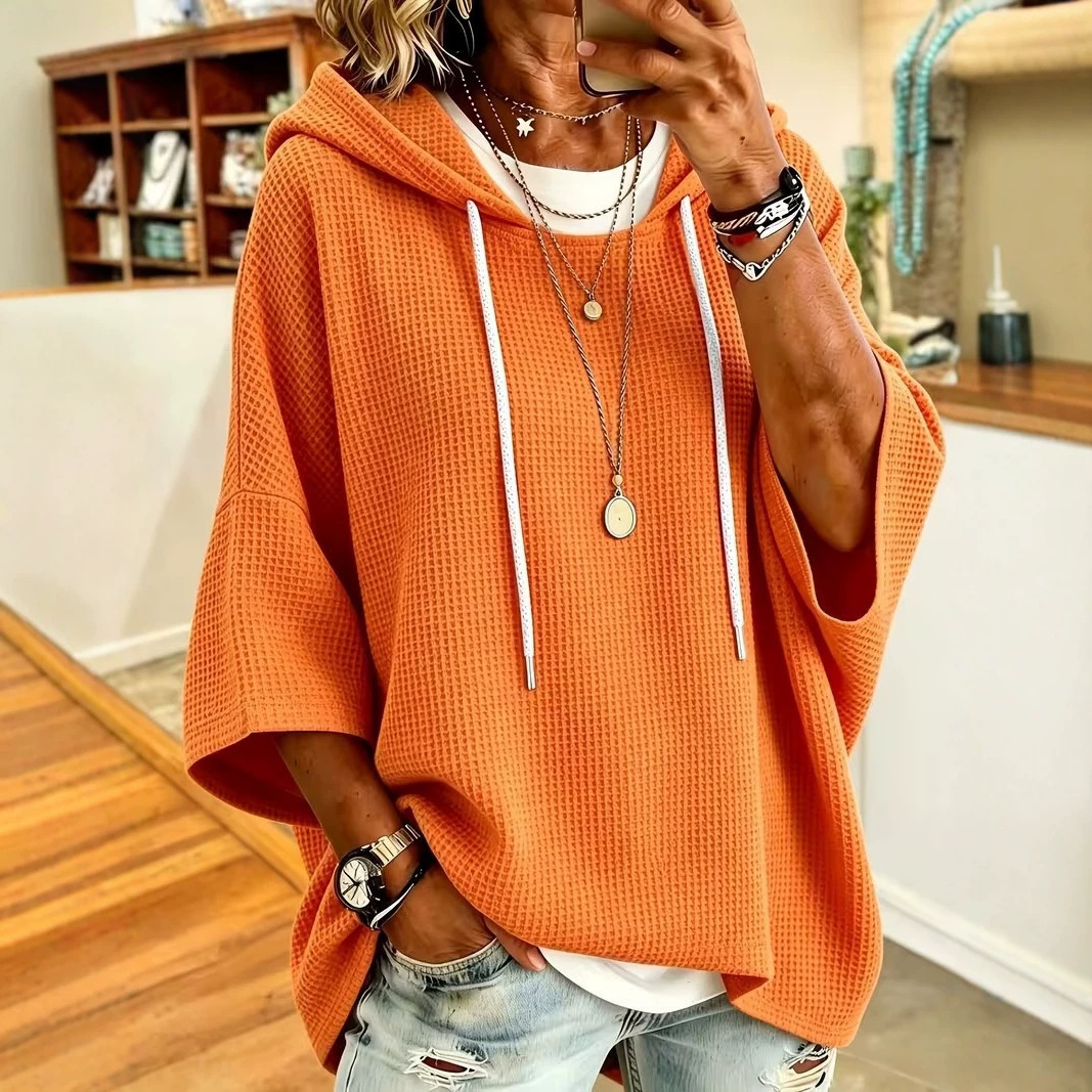 Women's Waffle Knit Hooded Drawstring Sweatshirt Loose Fit