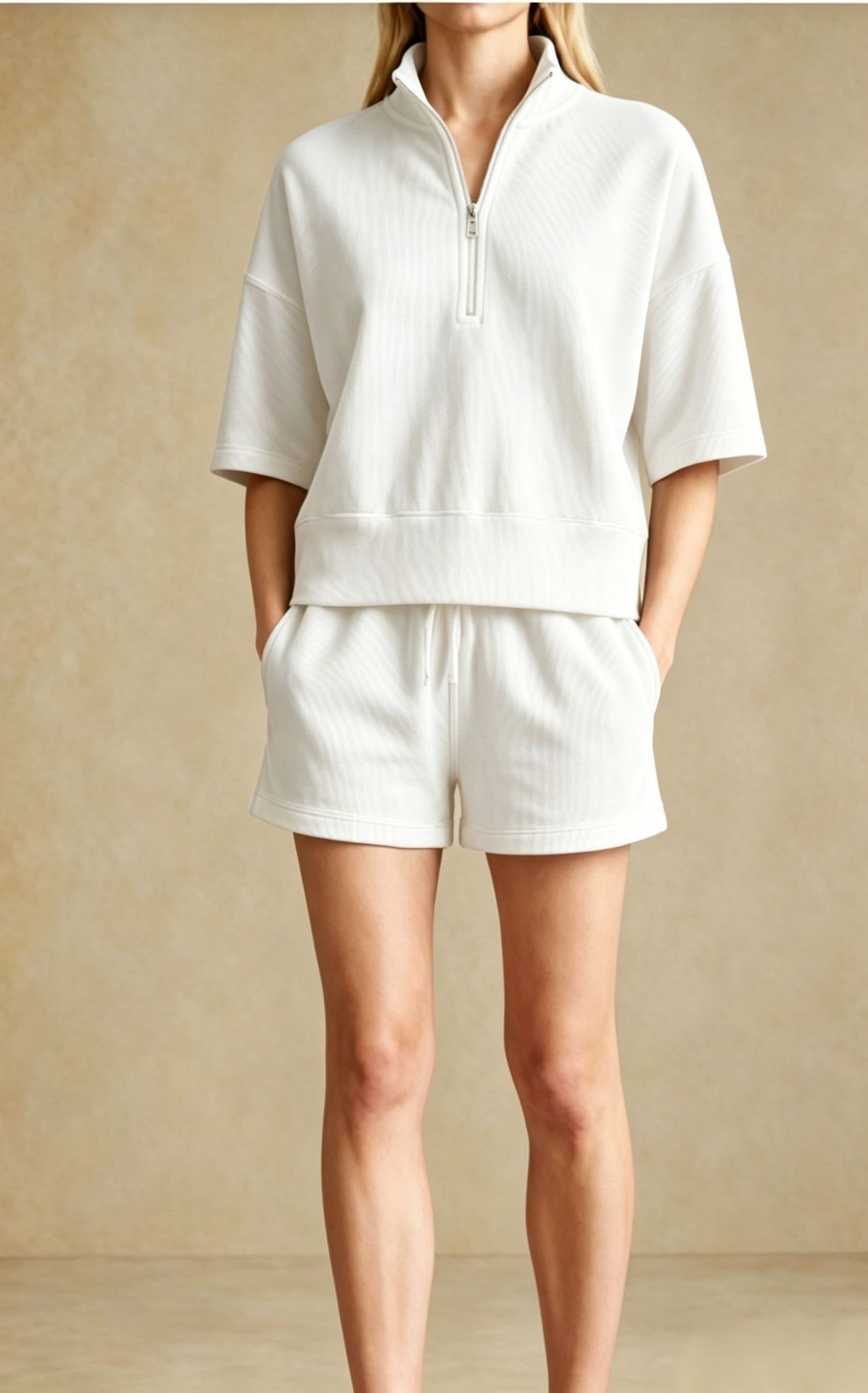 Women's Half-Zip Ribbed Short Sleeve and Shorts Athletic Set