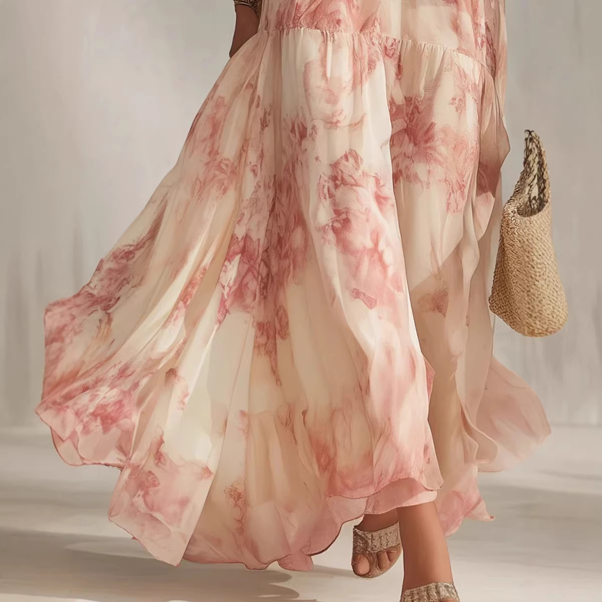 V-Neck Floral Print Maxi Dress with Lantern Sleeves