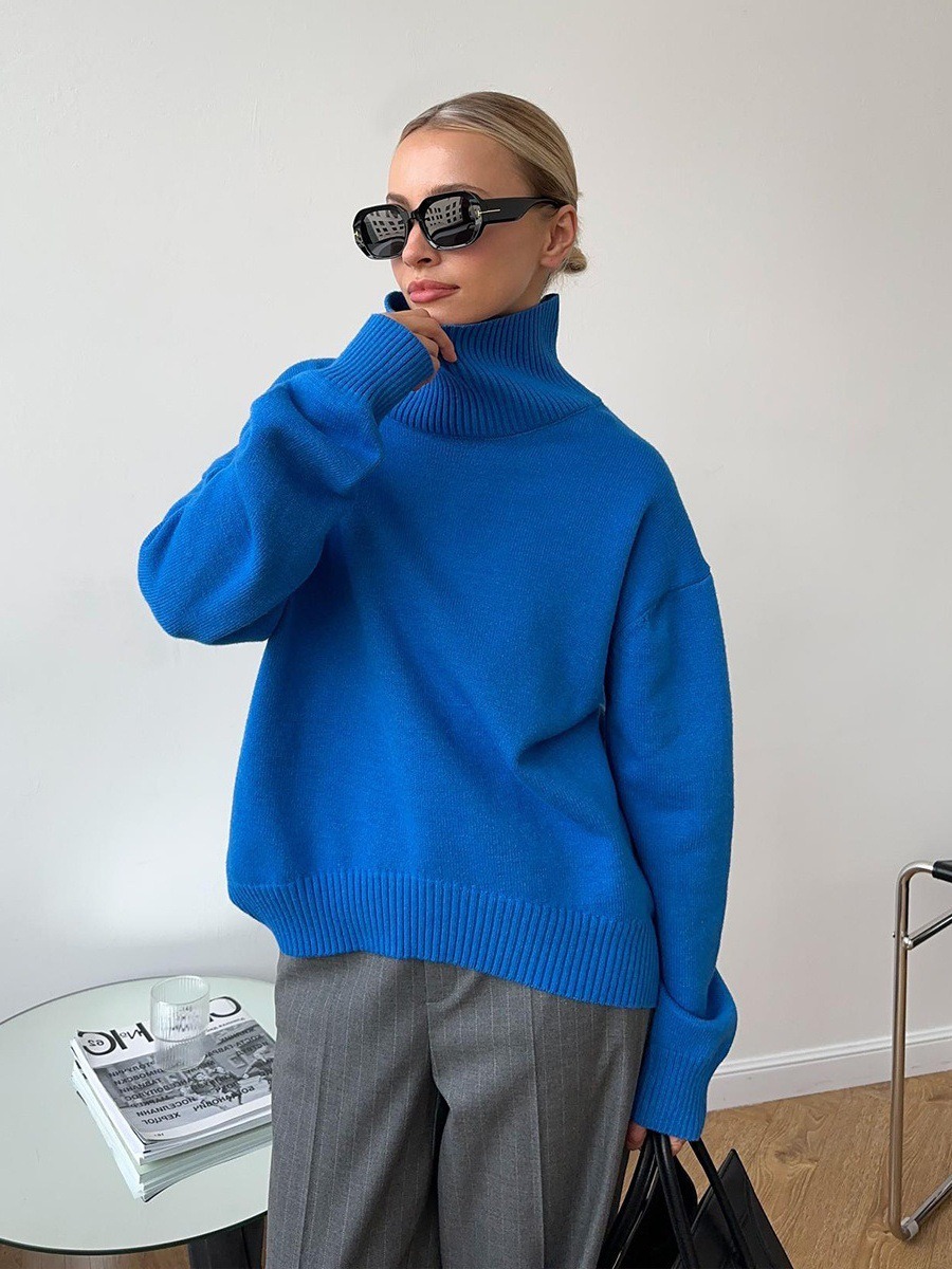 Women's Loose High Neck Solid Color Pullover Knit Sweater