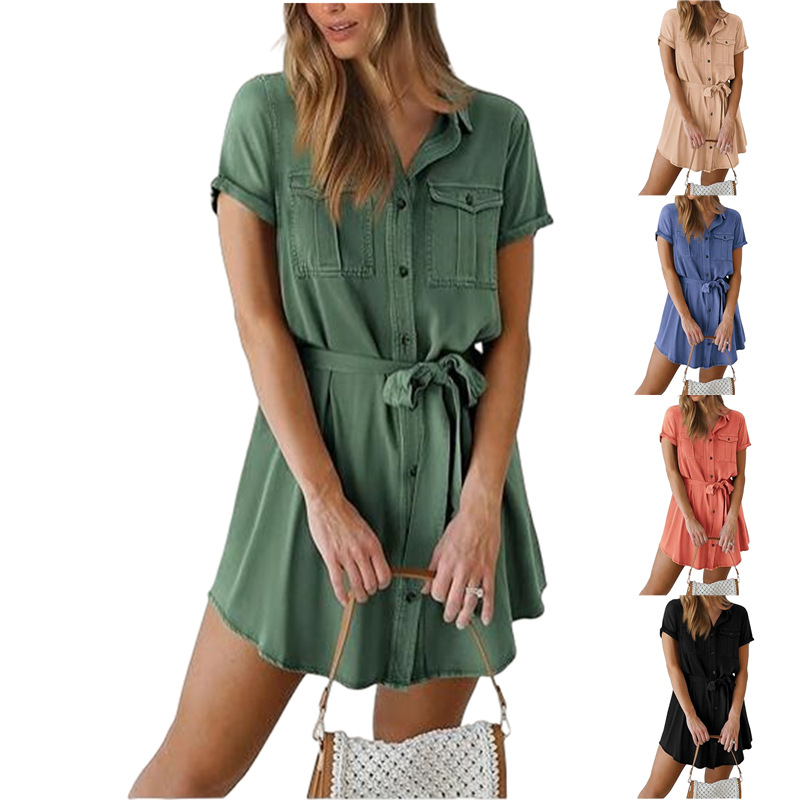 Women's Midi A-Line Dress with Multi-Button Front and Tie Belt