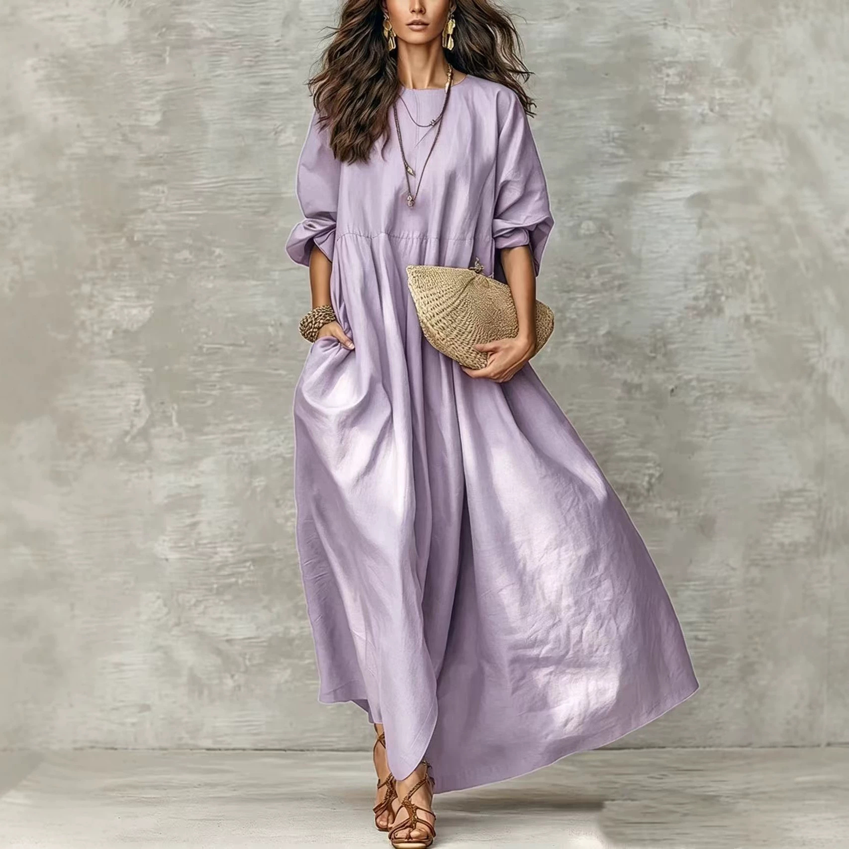 Crewneck Long Sleeve Loose A-Line Midi Dress with Pockets