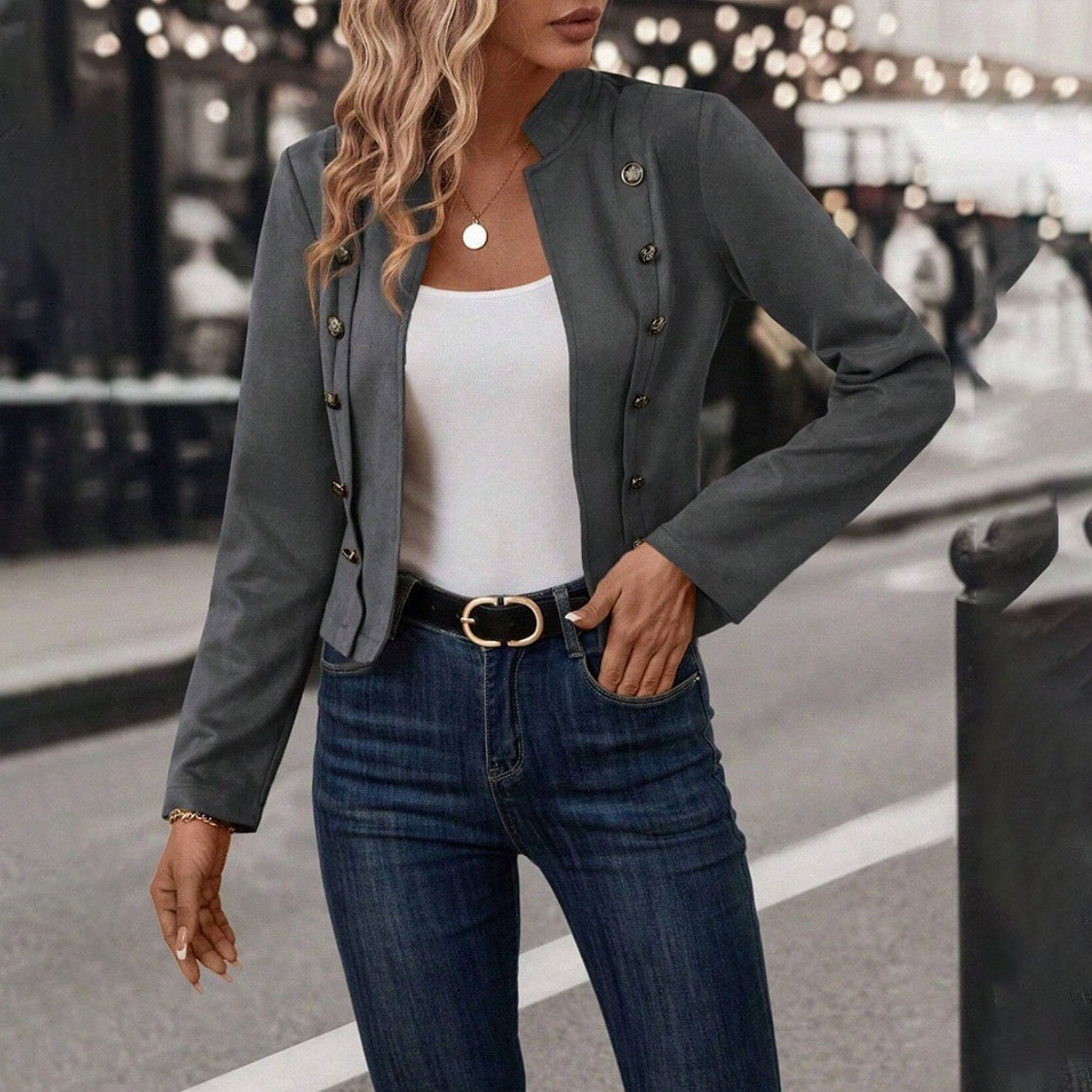 Solid Double-Breasted Vintage Long-Sleeve Jacket