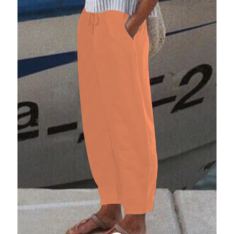 Women's Solid Color Casual Cotton Linen Pants with Elastic Waist