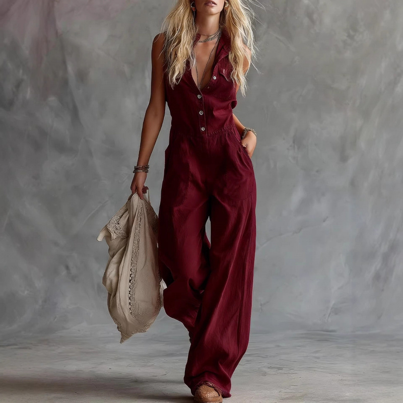 Sleeveless Button-Front V-Neck Wide-Leg Jumpsuit