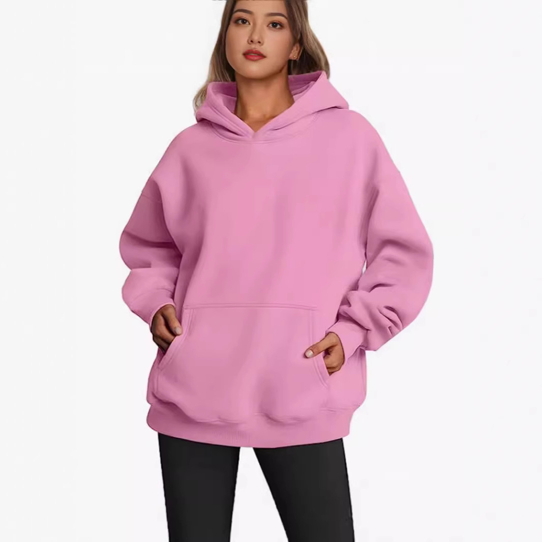 Women's Fleece-Lined Hooded Sweatshirt, Cotton Blend, Loose Fit, Solid Color