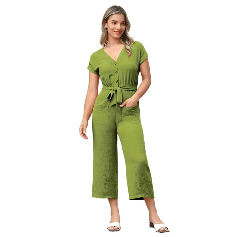 Women's V-Neck Short Sleeve Belted Jumpsuit