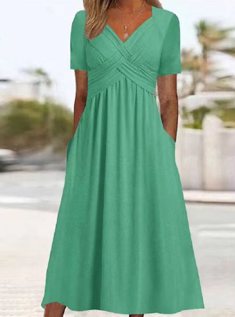 Solid V-Neck Short Sleeve Maxi Dress