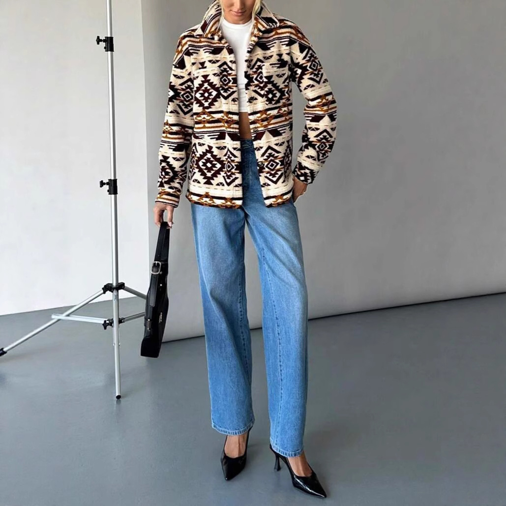 Women's Faux Fur Jacket with Geometric Print, Lapel Collar, Long Sleeve, Dark Brown