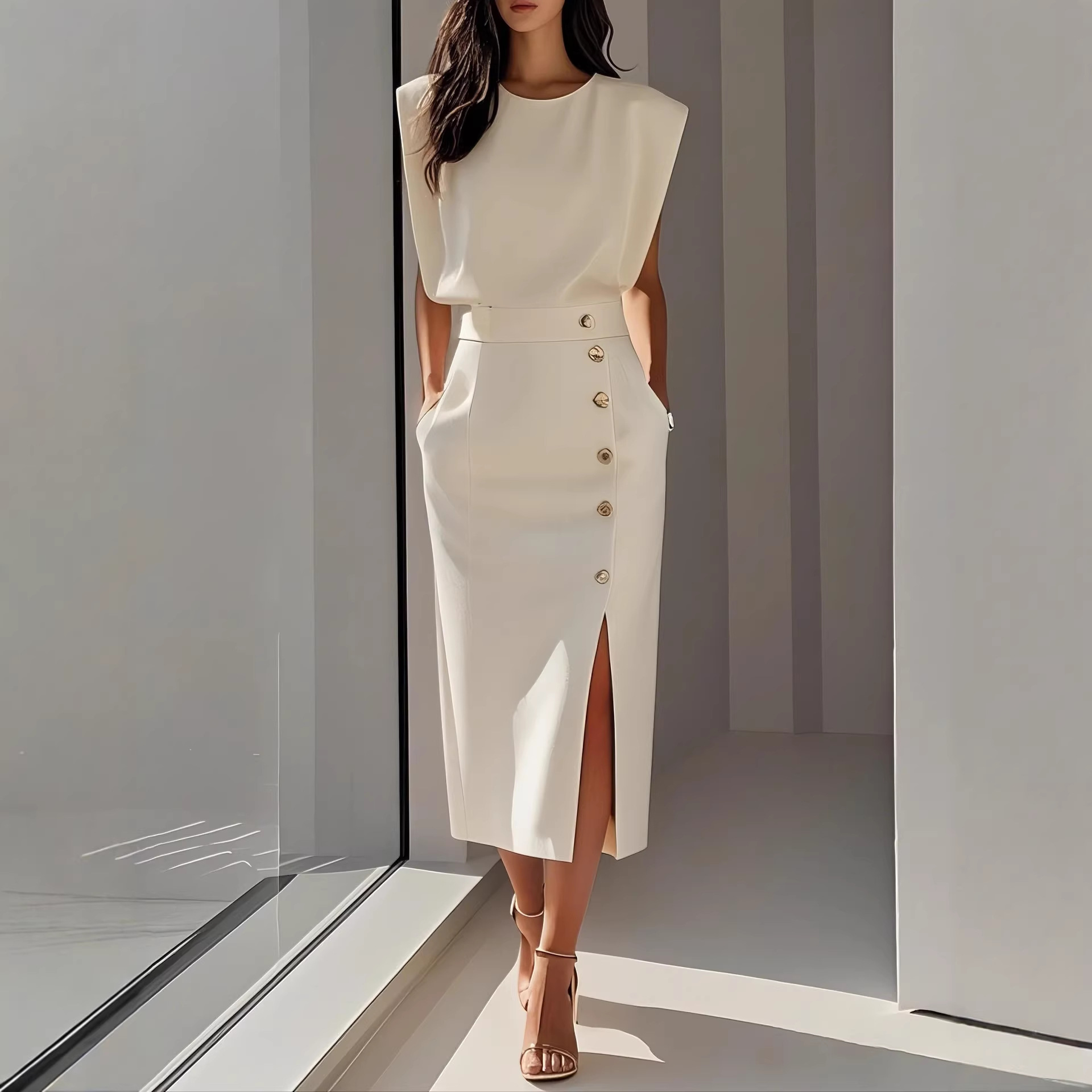 Women's Round Neck Sleeveless Button Slit Solid Midi Dress