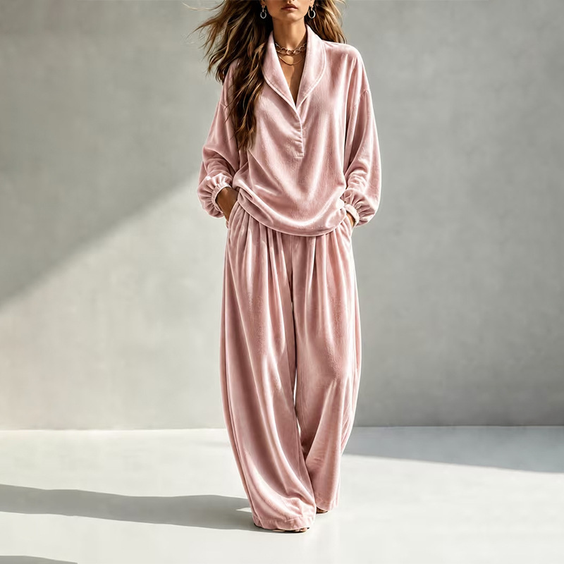 Women's Two-Piece Long Sleeve Collared Top and Wide-Leg Pants Set