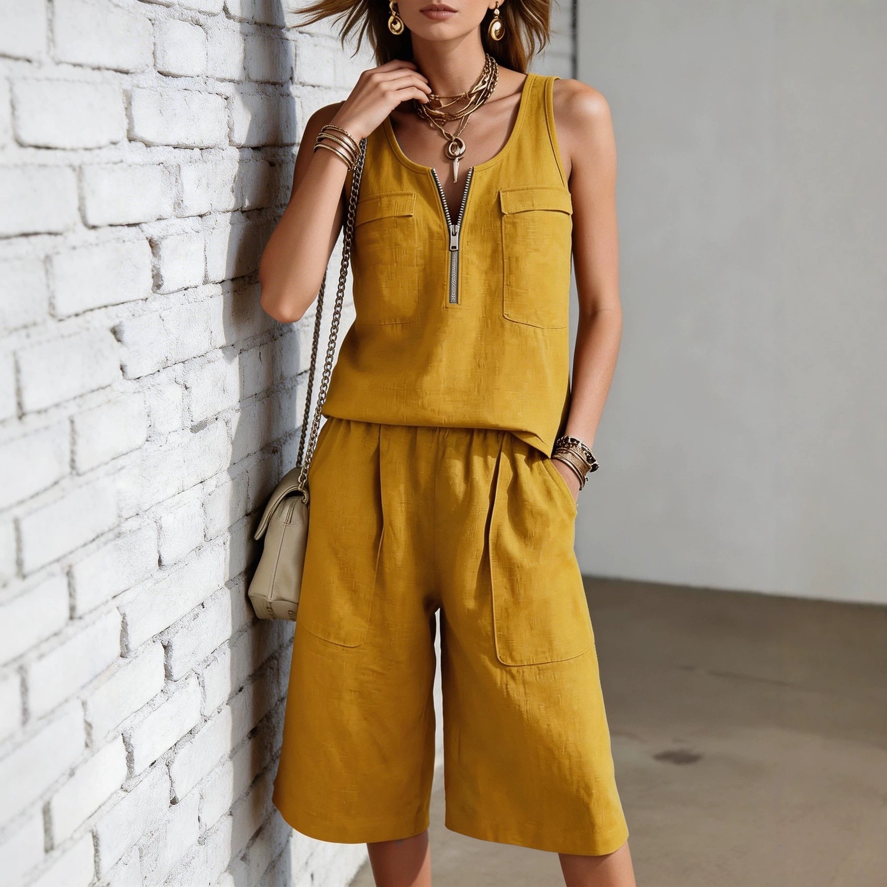 Women's Half-Zip Sleeveless Vest and Wide-Leg Capri Pants Set