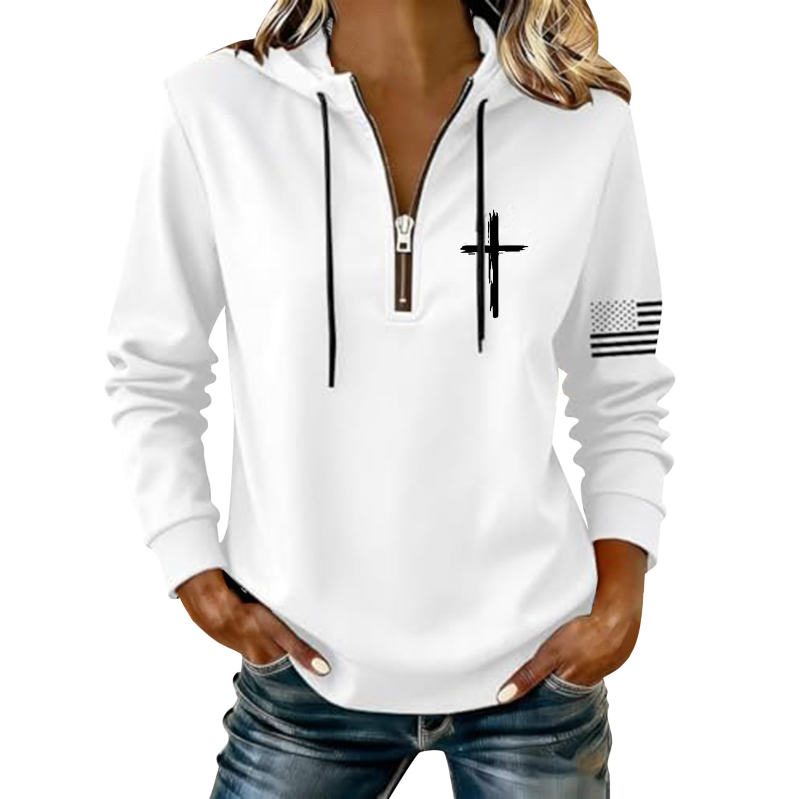 Women's Cross & American Flag Print Half-Zip Sweatshirt