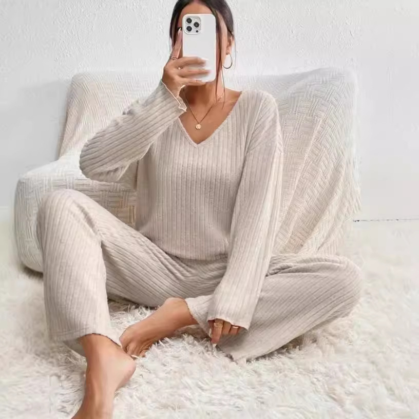 Women's Ribbed Brushed V-Neck Long Sleeve Loungewear Set
