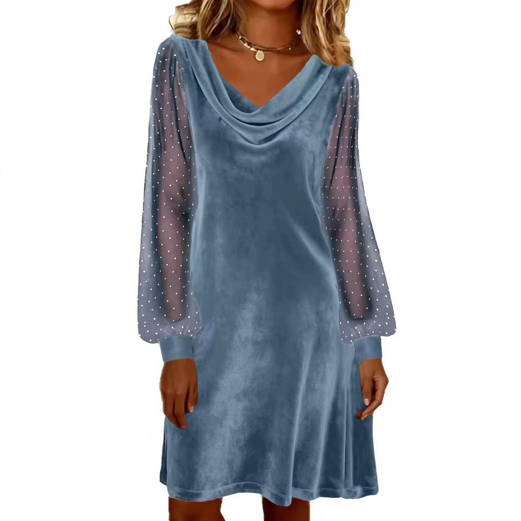 Women's Solid V-Neck Mesh A-Line Midi Dress with Sequin Detail