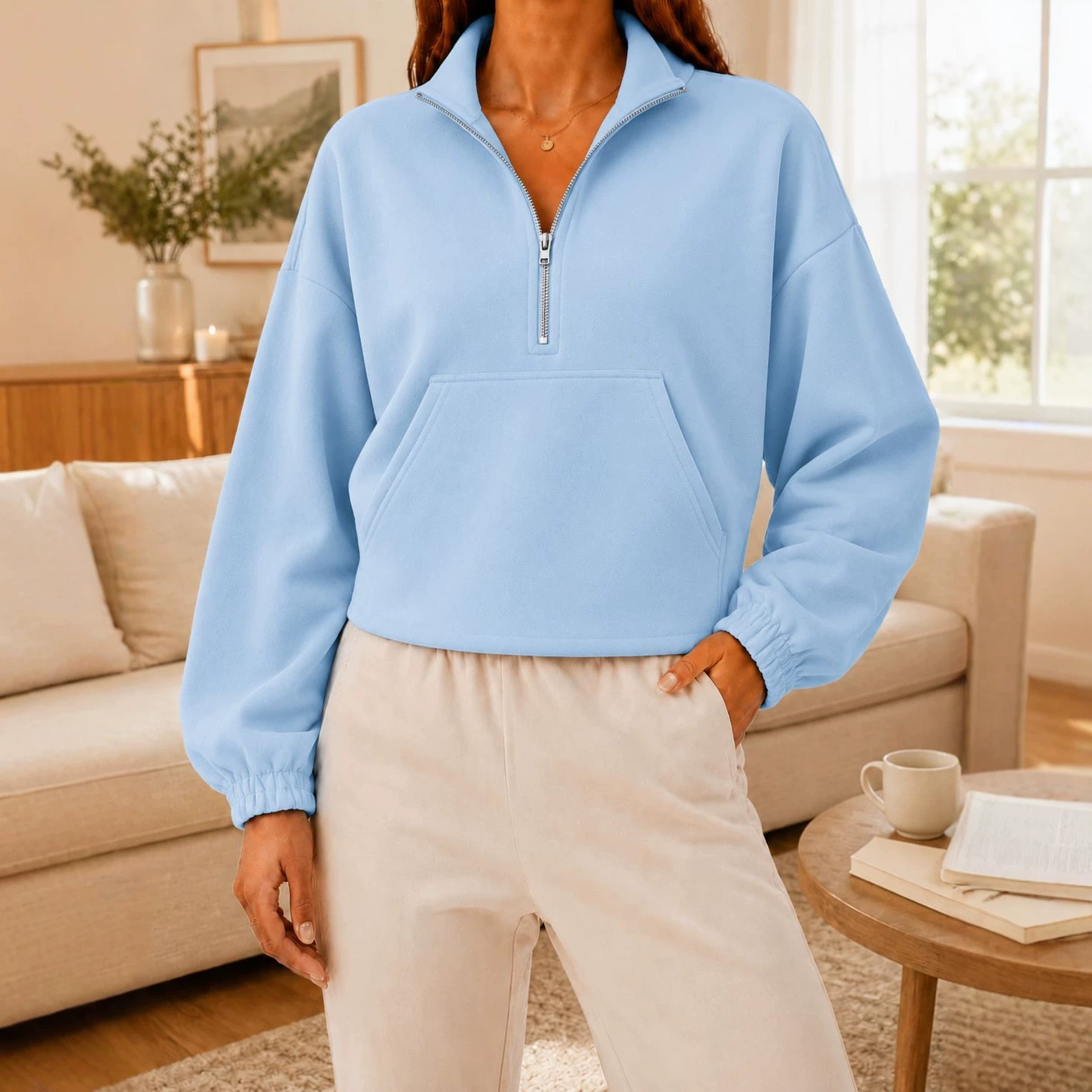 Women's Half-Zip Collared Cropped Hoodie with Kangaroo Pocket