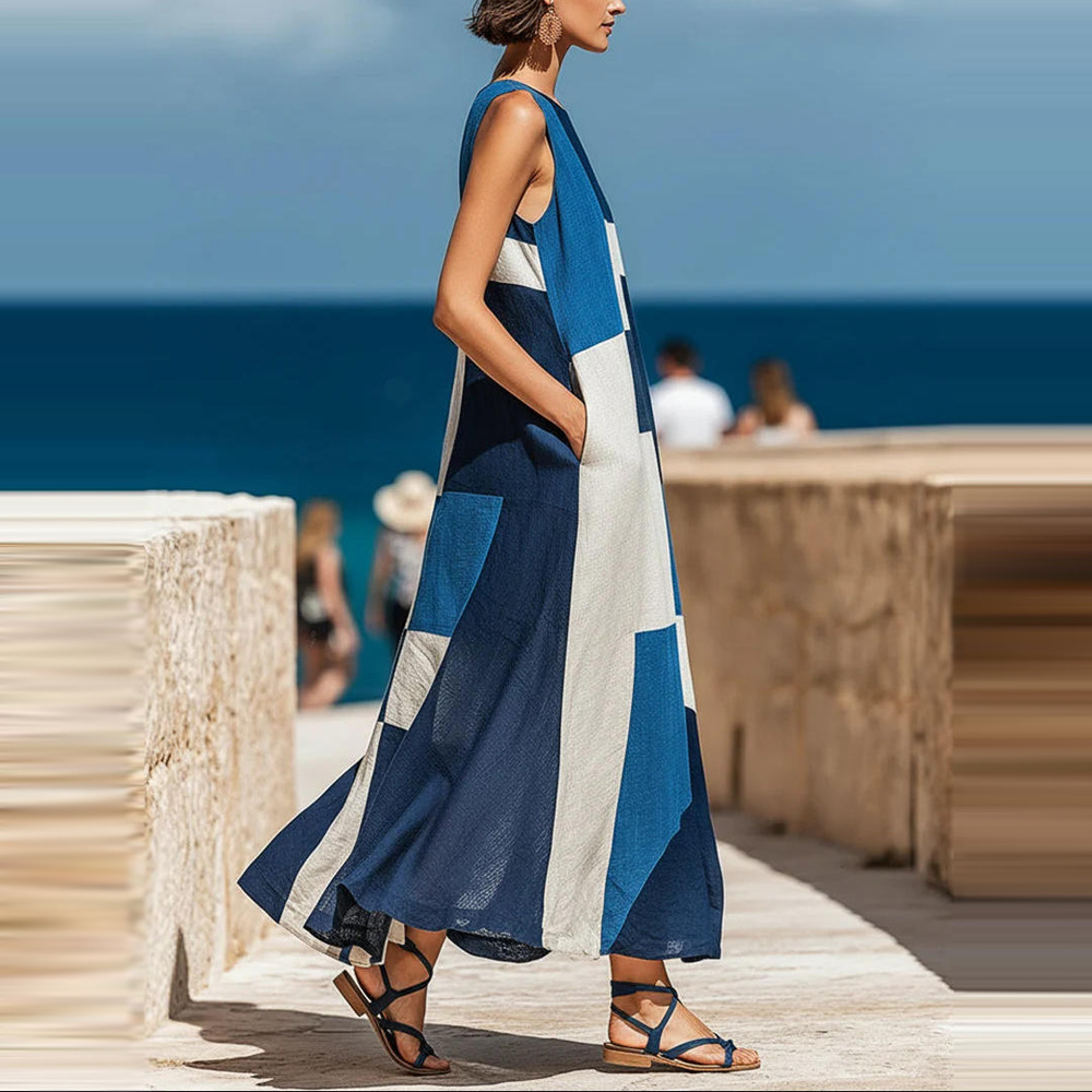 Plaid Print Sleeveless Long Dress Casual Vacation