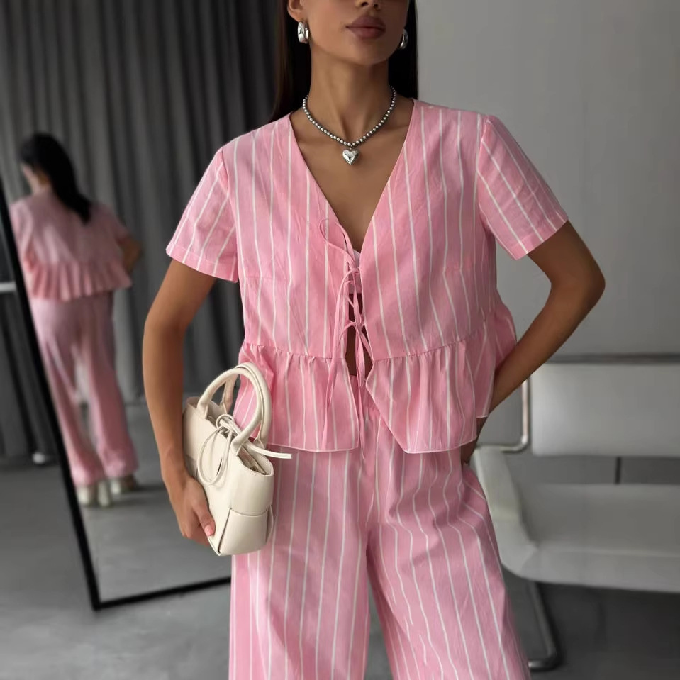 Women's V-Neck Striped Tie Shirt & Wide-Leg Pants Set