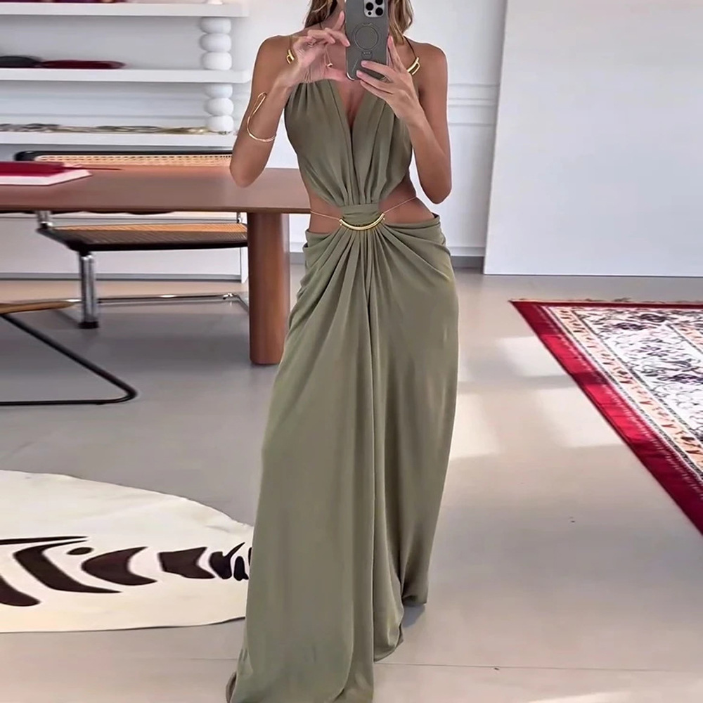 Women's Sexy Cutout Waist Long Evening Dress Slim Fit Solid Color