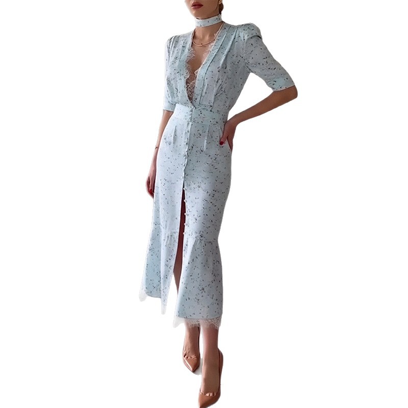 Women's V-Neck Floral Lace Panel Dress