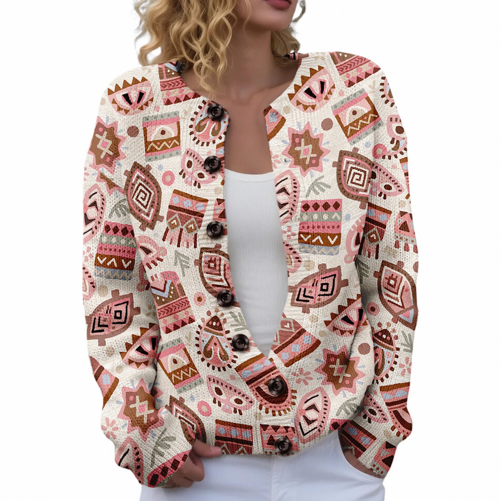 Women's Floral Maple Leaf Print Button Cardigan