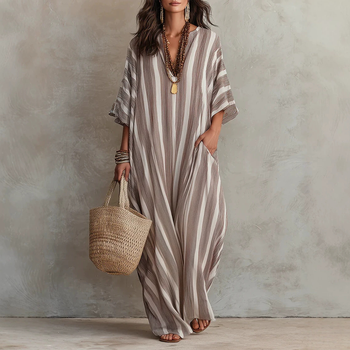 Striped Print A-Line Maxi Dress with Pockets