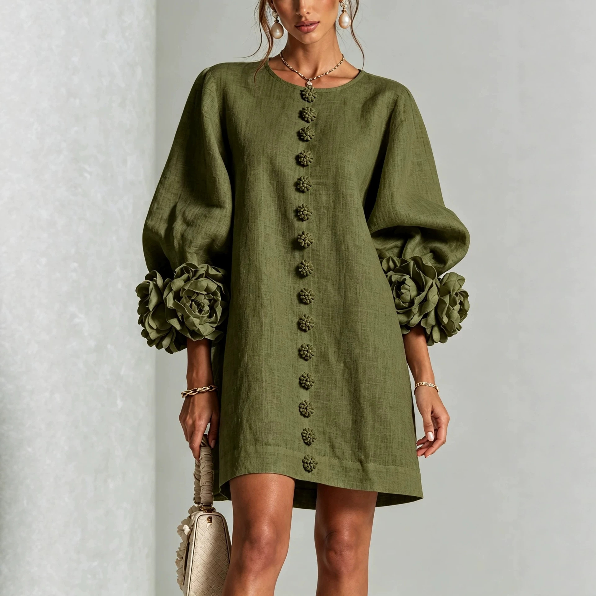 French 3D Floral Lantern Sleeve Cotton-Linen Dress Round Neck Button Front Loose Fit