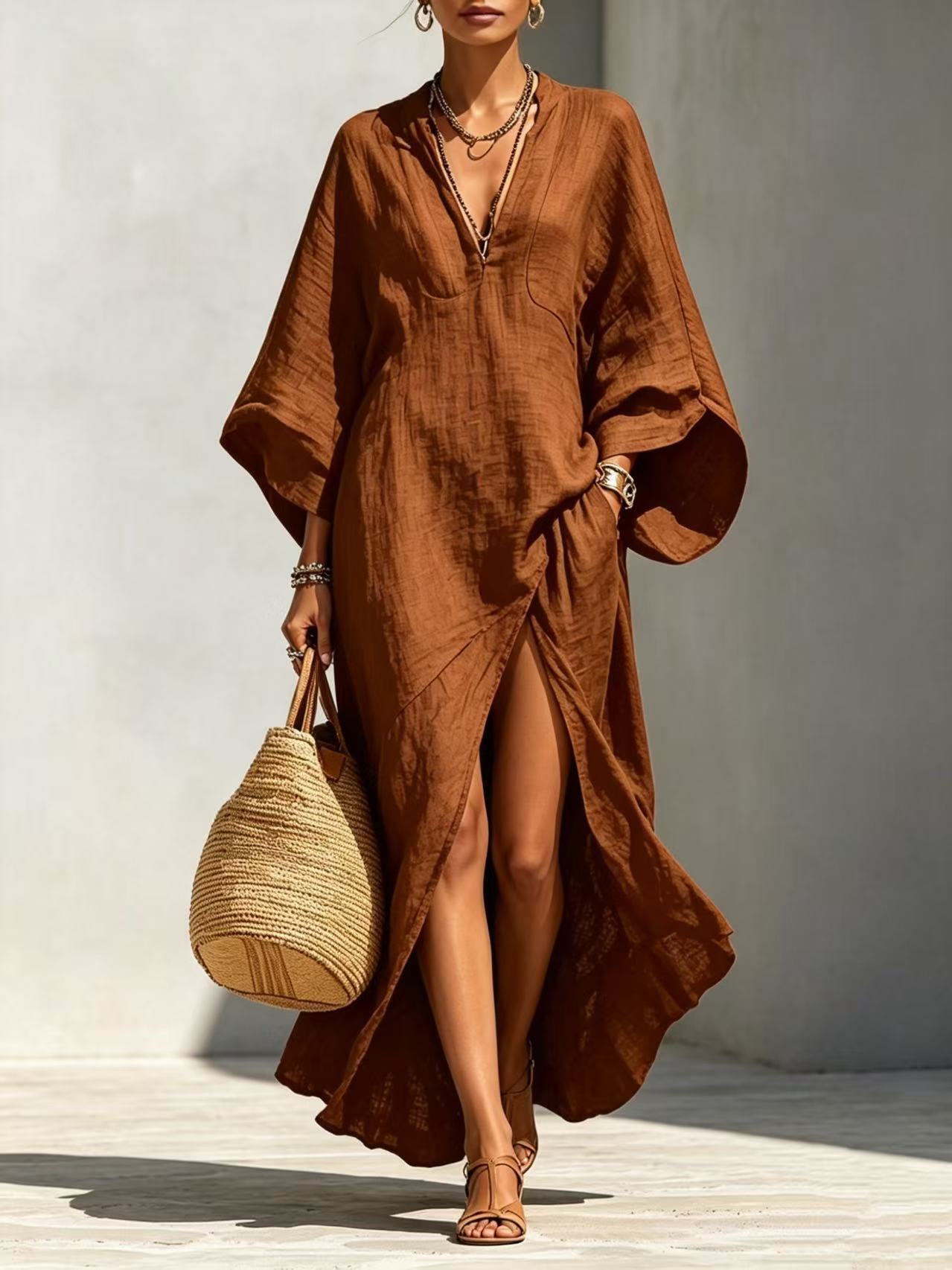 V-Neck Batwing Sleeve Loose Long Vacation Dress