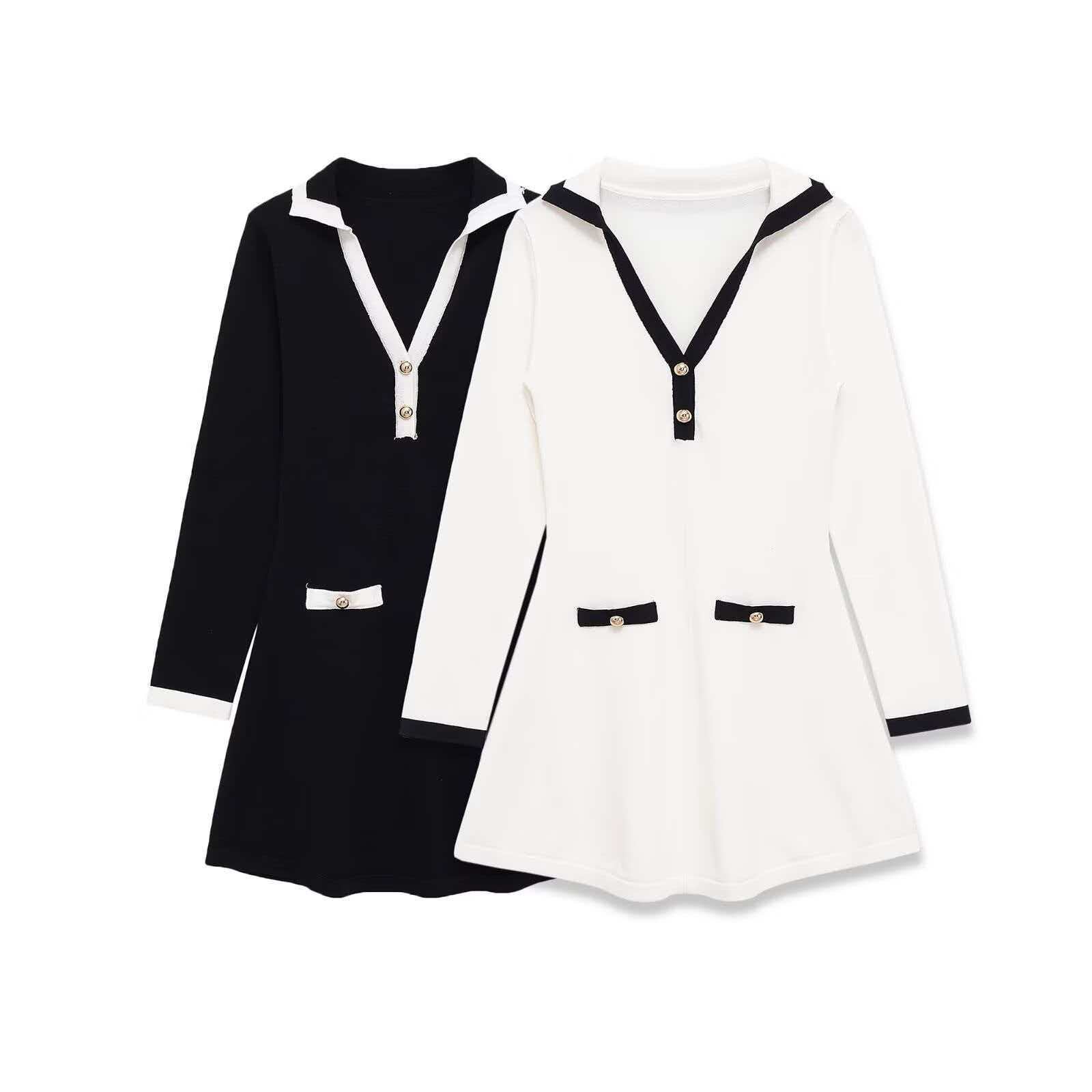 Elegant Slim-Fit Color-Block Long Dress with V-Neck and Long Sleeves