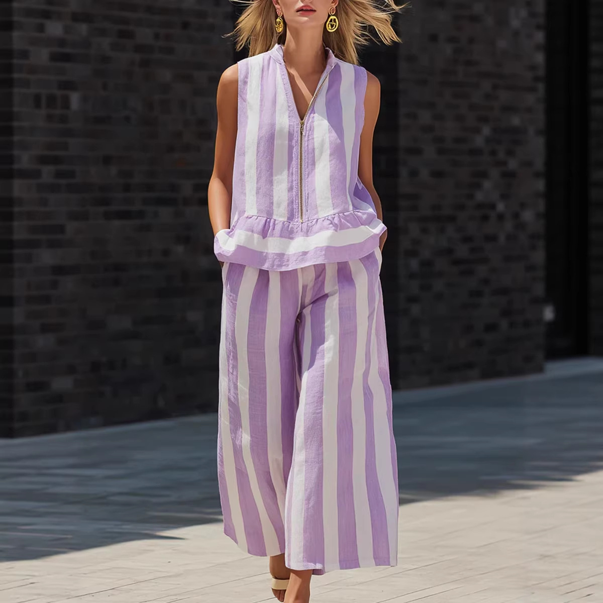 Women's Sleeveless Zip-Up Collared Shirt and Striped Pants Two-Piece Set