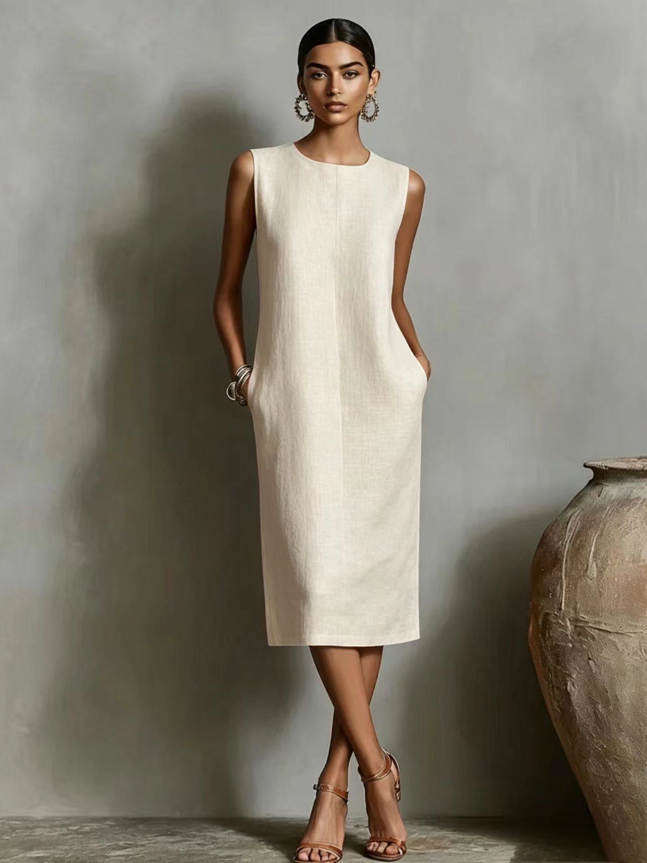 Sleeveless Round Neck Side Pocket A-Line Midi Dress