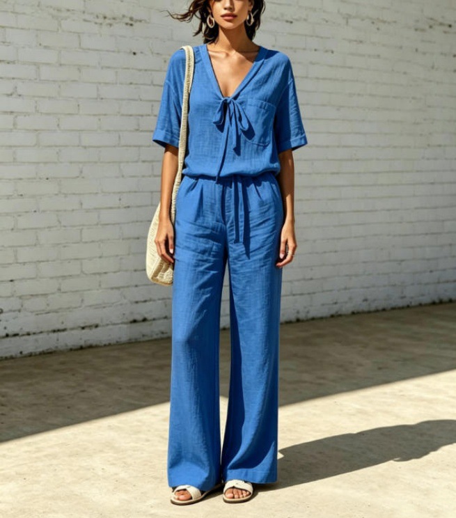 Women's Summer V-Neck Half-Sleeve Tie-Waist Casual Pants Set