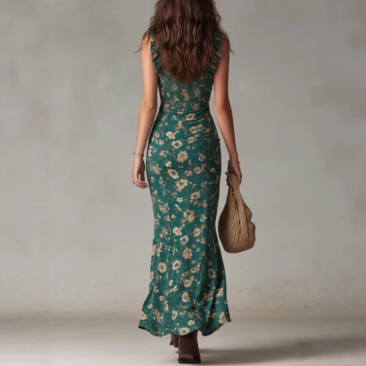 Bohemian Vintage Ruffle Sleeveless High Slit Cami Dress