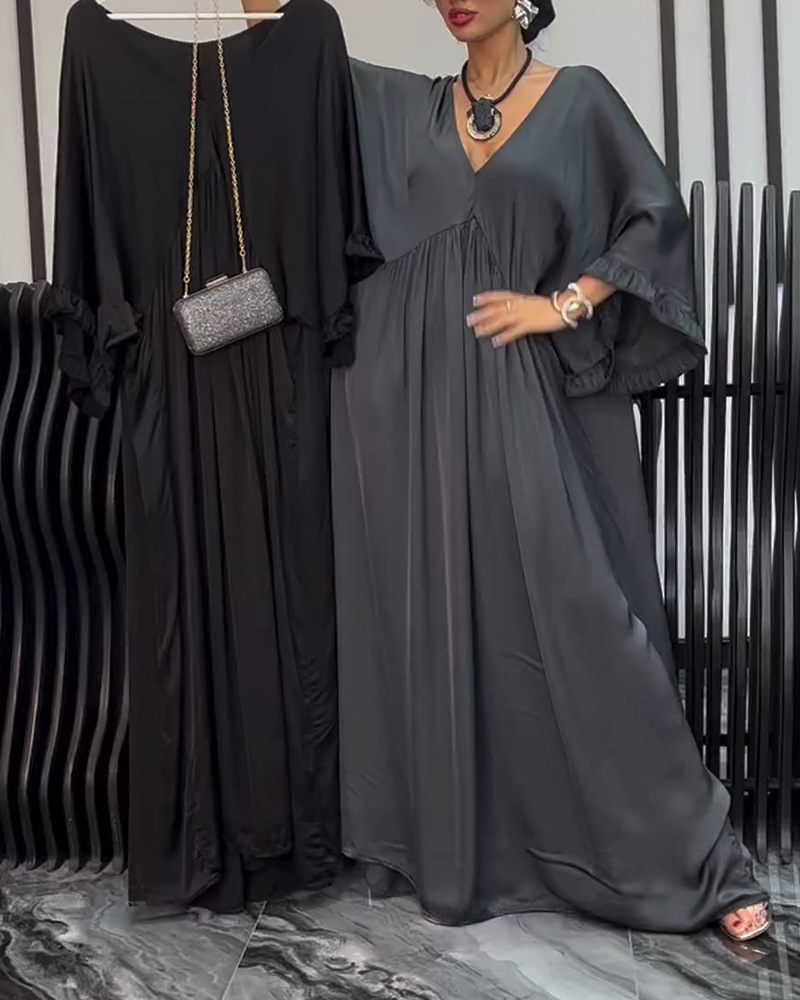 Solid V-Neck Long Sleeve Cinched Waist Loose Dress